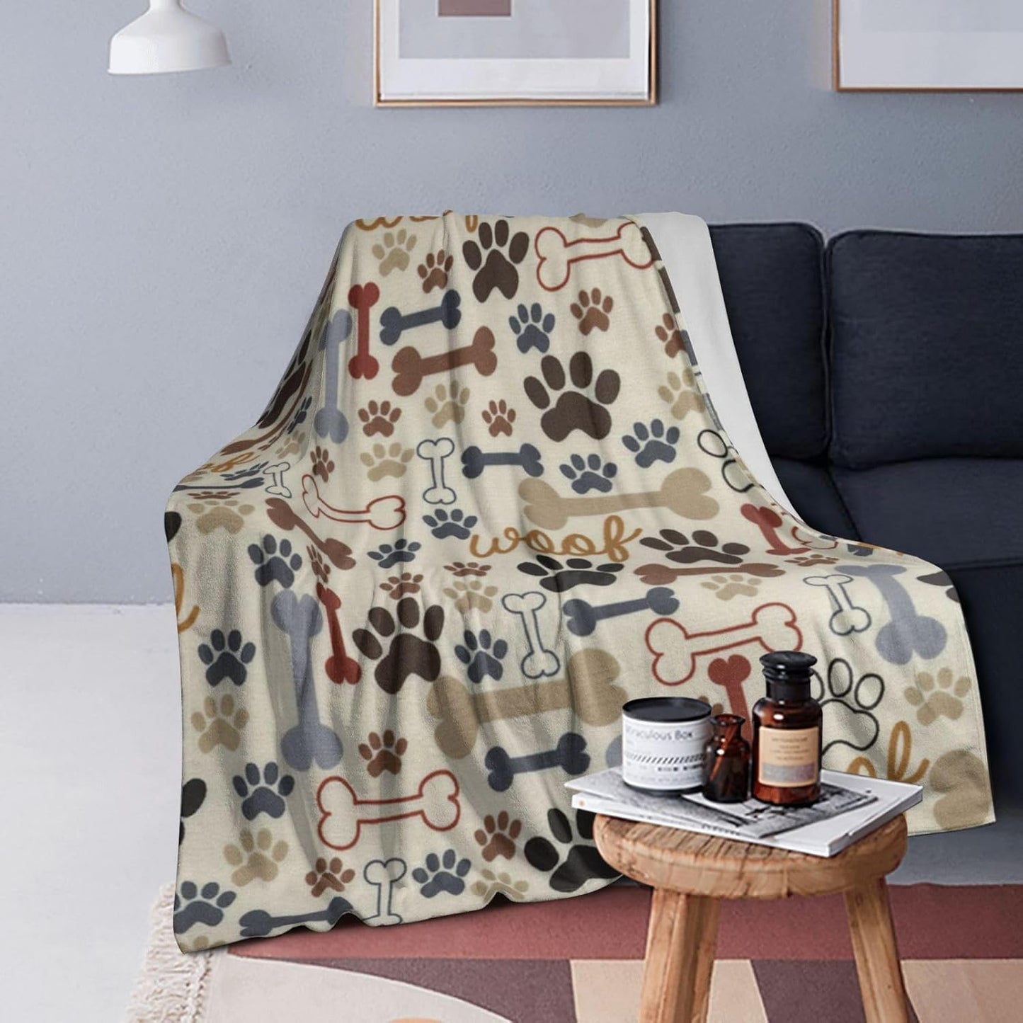 Dog Paws and Bones Print Throw Blanket Flannel Fleece Blankets Soft Plush for Sofa Couch Bedroom Gift 50"X40"