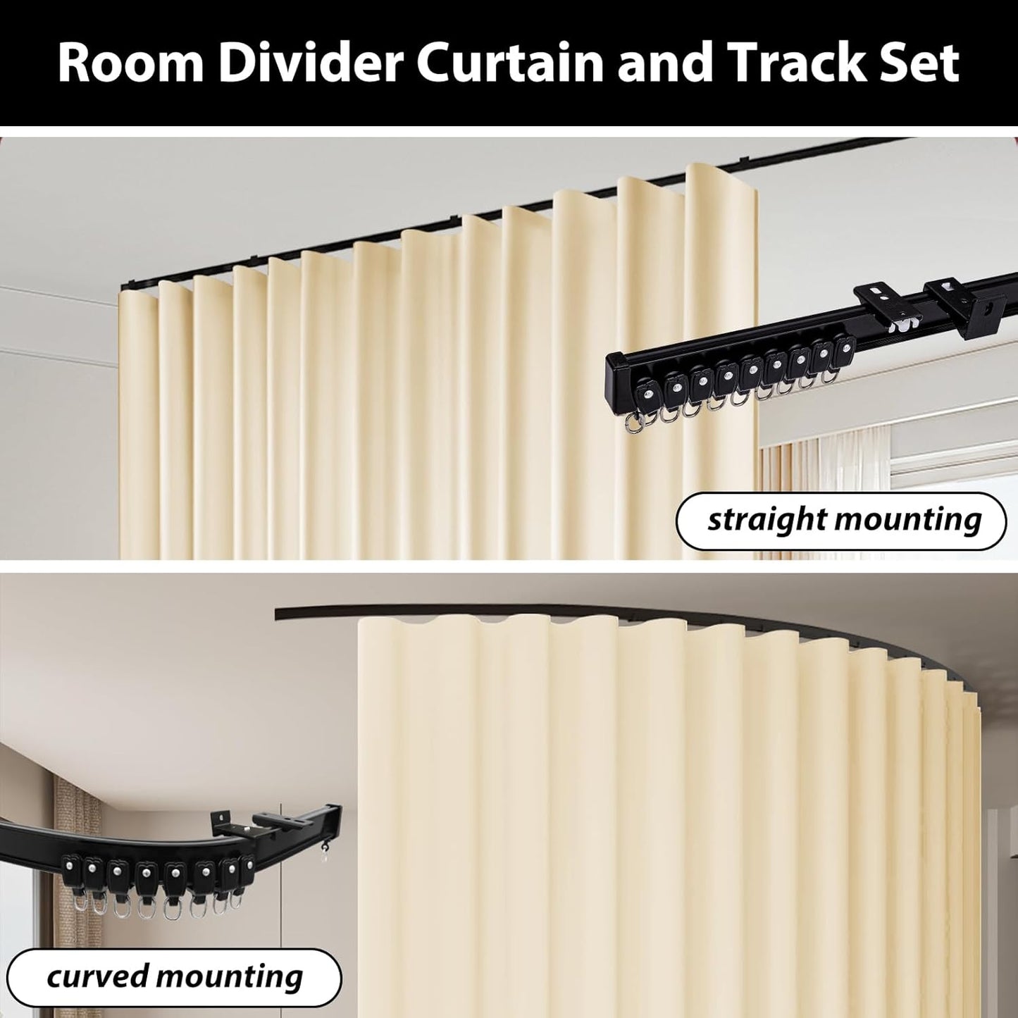 Room Divider Blackout Curtains & Ceiling Curtain Track Set Wall Mount Extra Wide Track Curtains Flexible Sliding Curtain Rod Room Separation Privacy（W 108 x H 84 in Beige Drape & Black Rail）