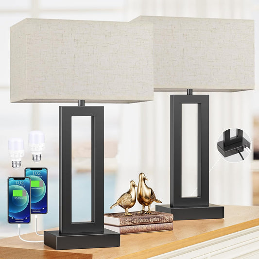 Seealle 22" Tall Living Room Lamps for Night Stands - Touch Bedside Lamp with USB C+A, 3 Way Dimmable Bedroom Lamps for End Tables Set of 2, Modern Night Stand Lamps for Bed Side(Cream&Black)