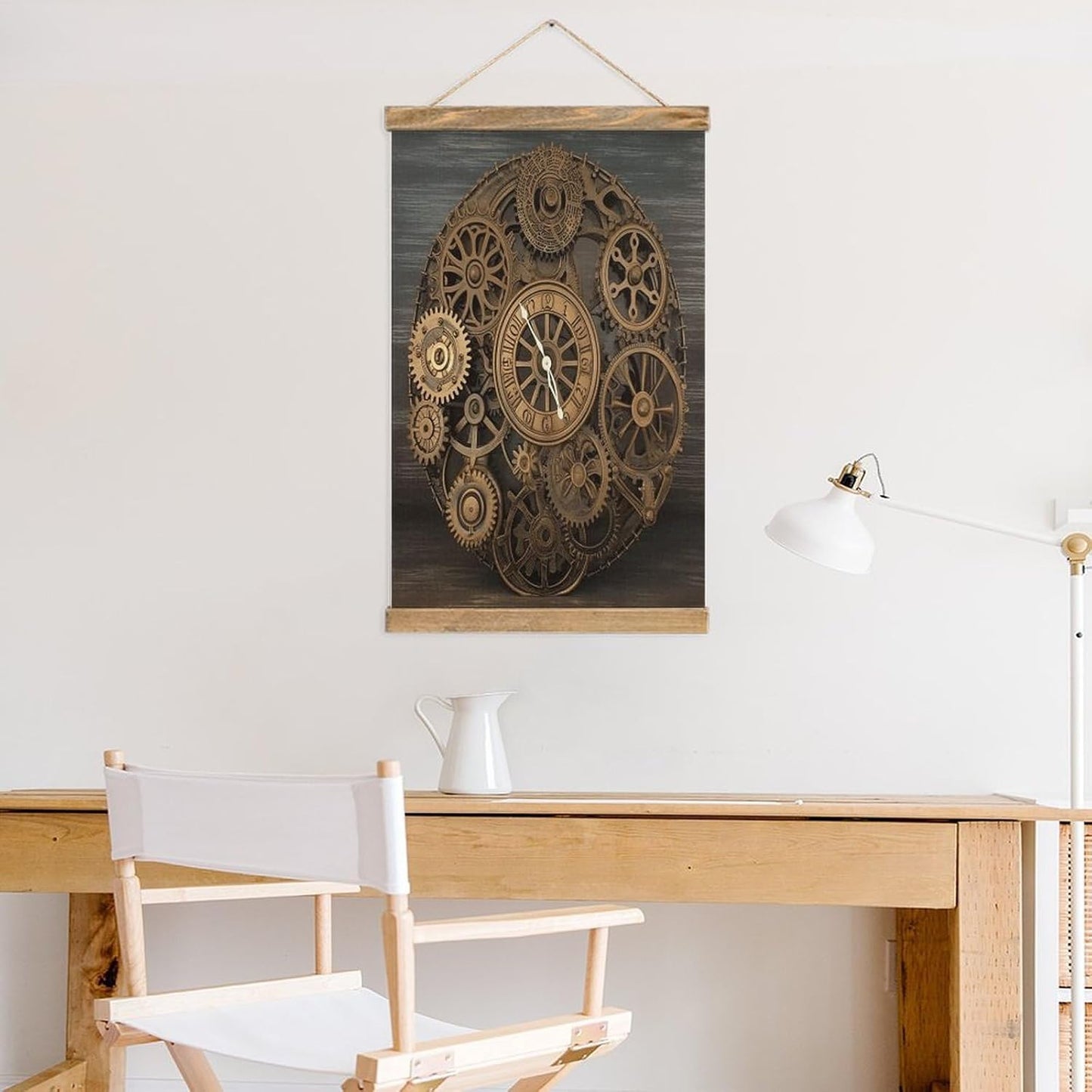 Vintage Steampunk Gears Clock Poster with Wooden Frame Personalized Linen Hanging Scroll Painting Rustic Wall Hanging Illustrative Modern Artwork Decor for Home Living Room Bedroom Office