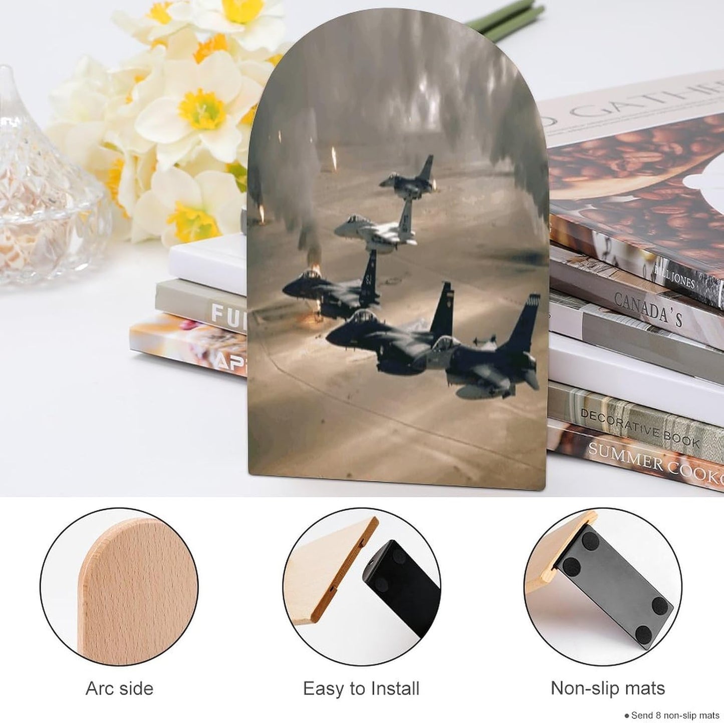 Jet Fighter Wooden Bookend Non-Slip Book Ends Heavy Duty Book Stopper with Metal Base Books Holderd Decorative Bookends Stands Firmly for Office Supplies
