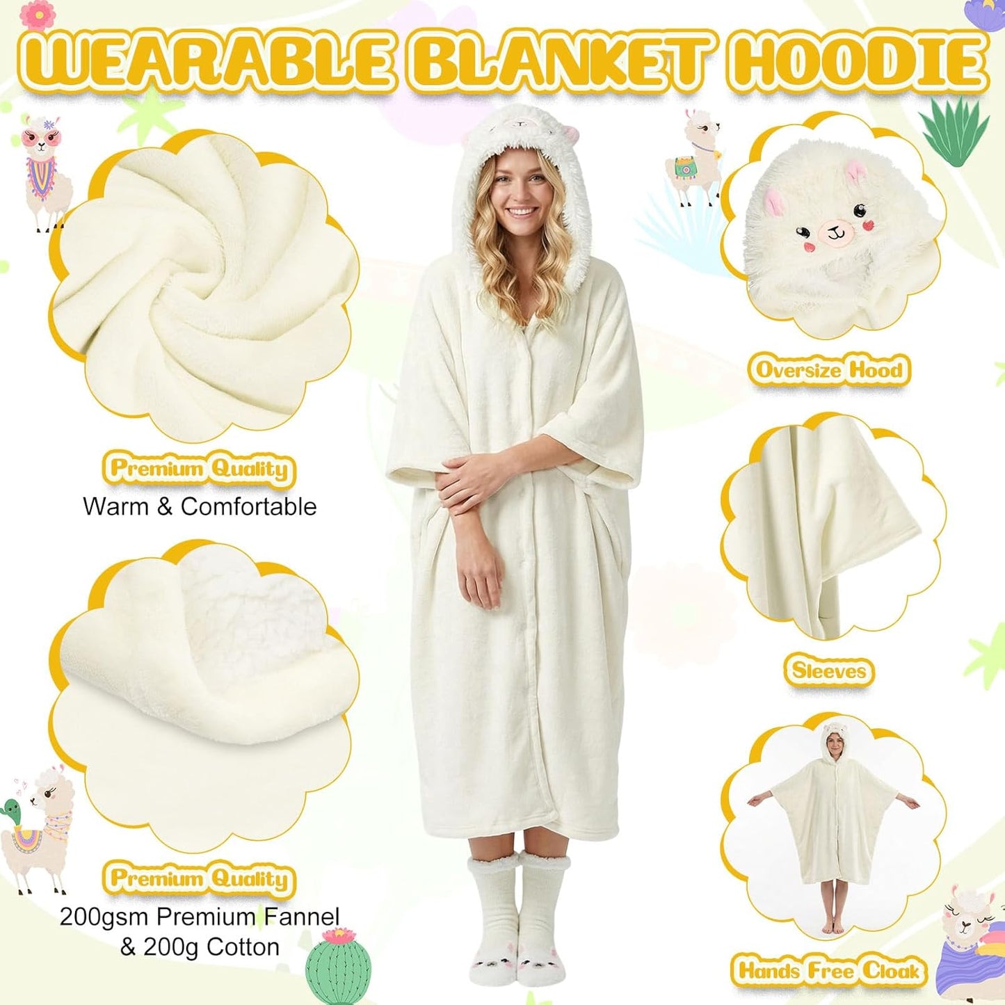 Jecery Llama Alpaca Hooded Blanket Wearable for Adults, Llama Blanket Hoodie with Non Slip Fuzzy Slipper Socks Gift Bag Set, Flannel Hoodie Throw Cloak Wrap Alpaca Christmas Party Gifts for Women
