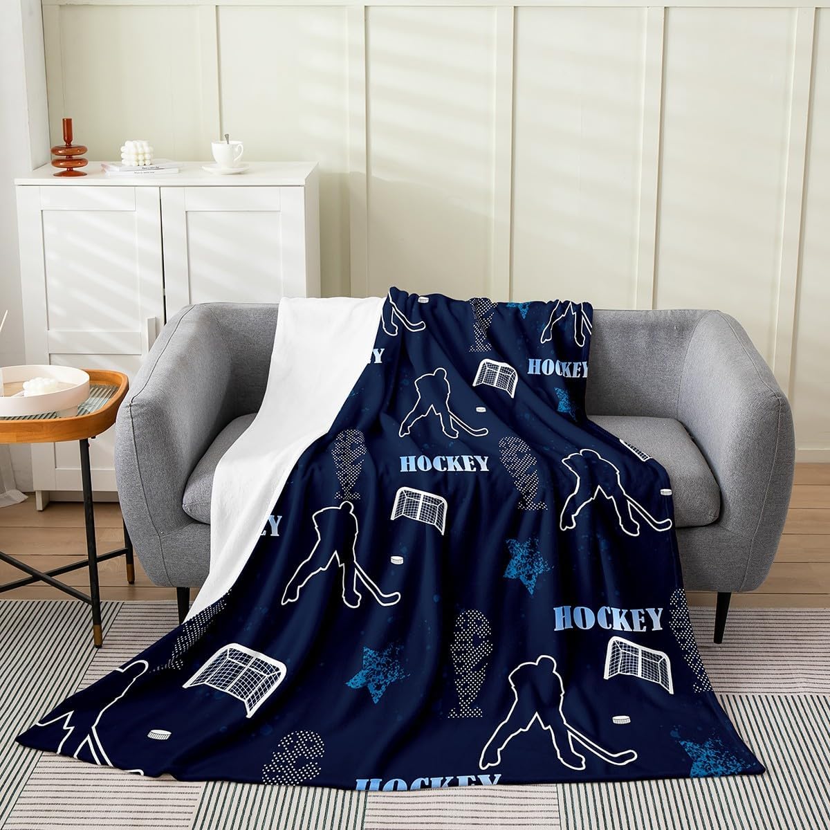 Erosebridal Hockey Fleece Blanket,Ice Hockey Blanket Twin 60x80,Hockey Player Fuzzy Blanket,Ball Gamer Flannel Blanket for Sofa Bed Couch,Hockey Sports Themed Throw Blanket for Kids Boys,Blue