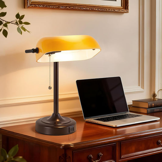 Vintage Bankers Lamp - Retro Desk Lamp with USB & Type C Charging Ports Traditional Pull Chain Switch Library Table Lamp for Home Office Nightstand Bedroom Side Table Lamp(Amber Glass Shade)