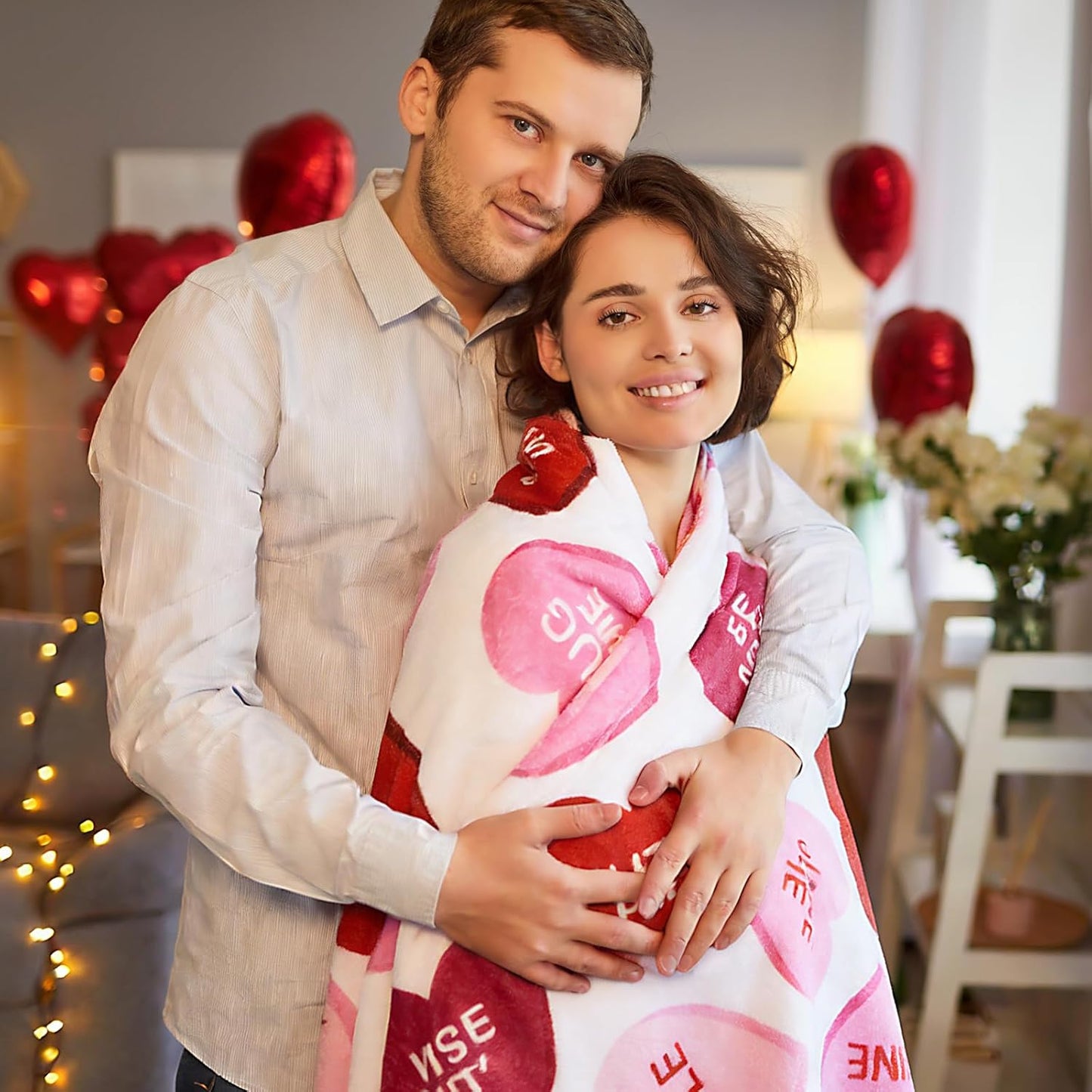 Valentines Flannel Throw Blanket 50" x 60", Pink Candy Hearts Soft Fuzzy Plush Cozy Fleece Blanket for Couch Sofa Bed, Holiday Throw Blanket for Valentines Day Wedding Ideal Gifts Option