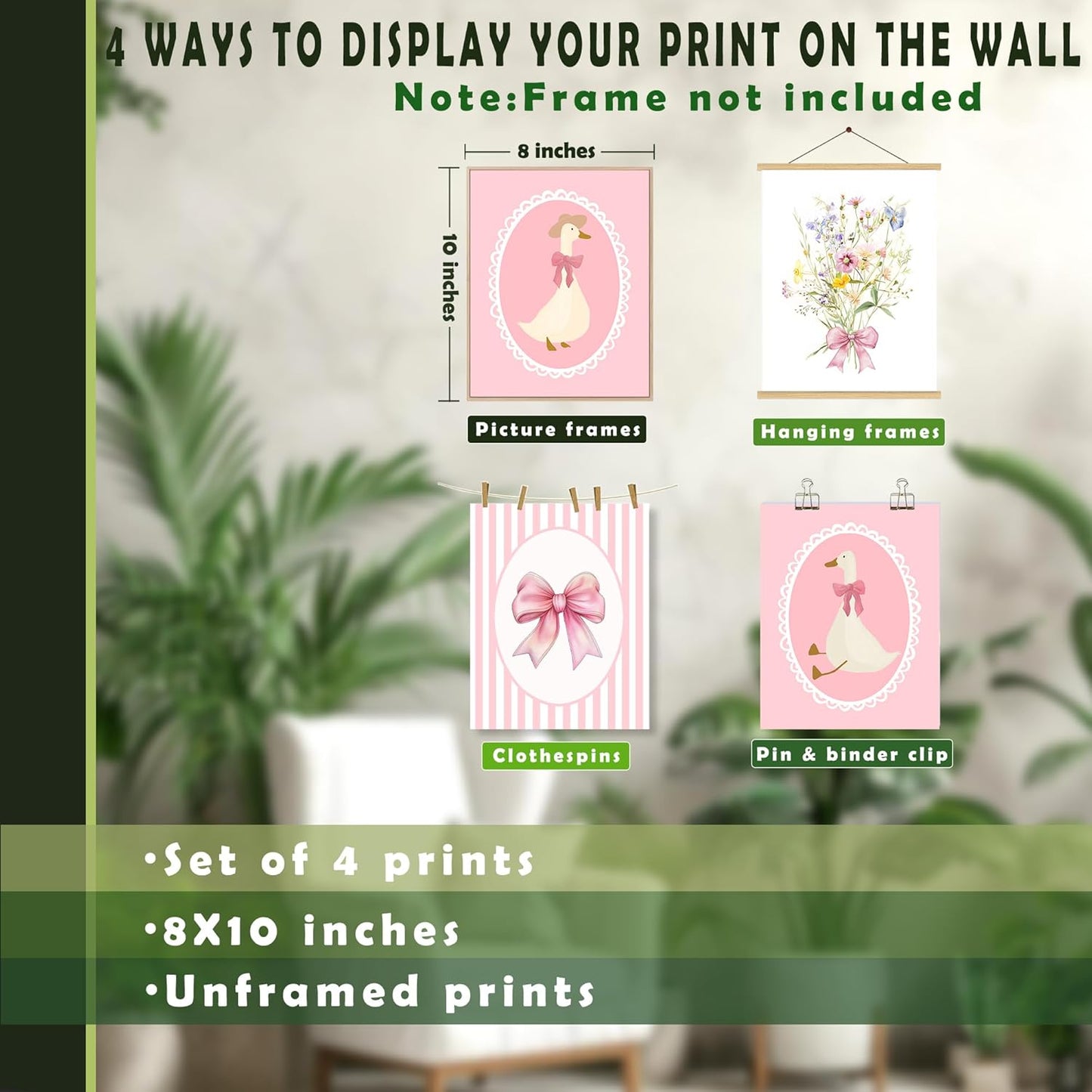 LUKIPOM Coquette Pink Nursery Wall Art Posters Set of 4, Girls Room Bedroom Nursery Dorm Decor, Preppy Pink Bow Goose Wildflower Girly Canvas Prints Artwork Wall Decor, 8x10 Unframed