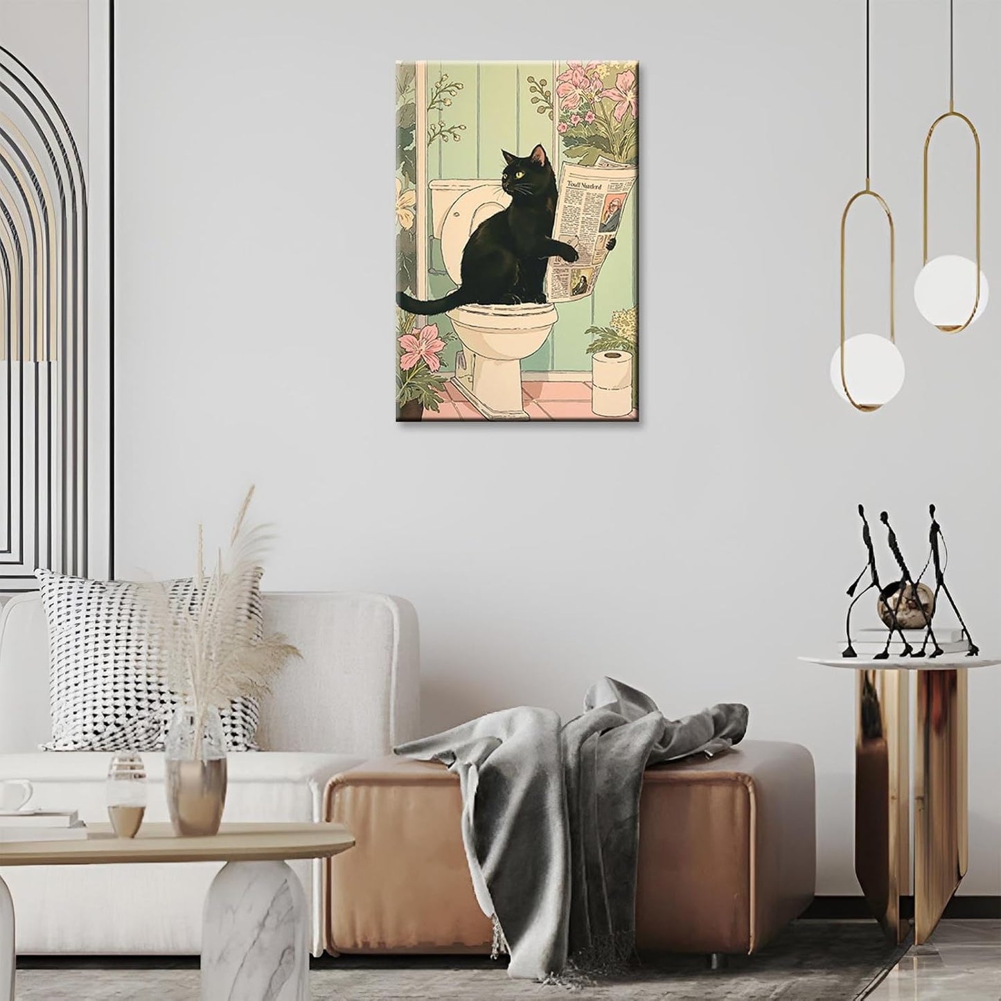 ZHIXQMG Funny Animal Bathroom Canvas Wall Art Japanese Black Cat Reading Newspaper Posters Cute Cats Sitting On The Toilet Picture Pink Flowers Aesthetic Wall Decor For Home Dorm 12x16in Unframed