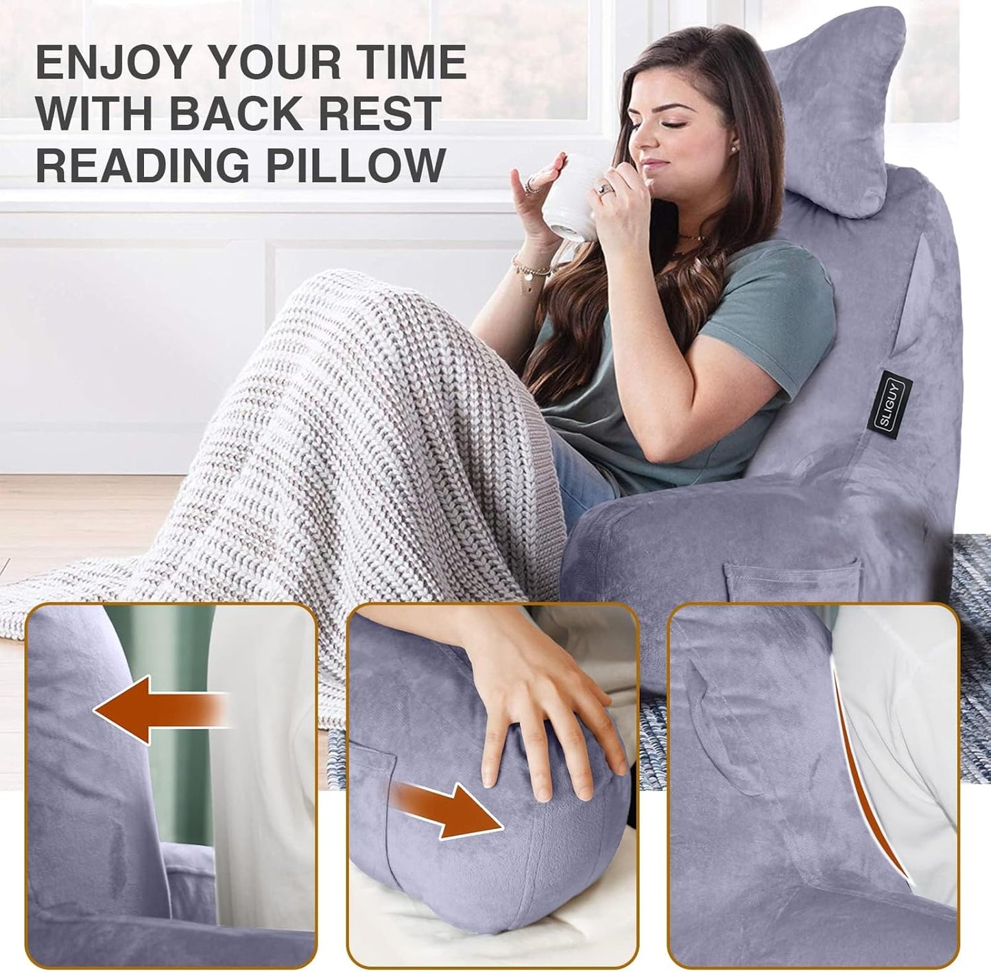 SLIGUY Reading Pillow-Bed Rest Pillow with Detachable Neck Roll & Support Arm for Sitting in Bed Couch or Floor-Backrest Reading Pillow Adult Back Pillow for Reading/Watching TV/Gaming/Relaxing,Grey