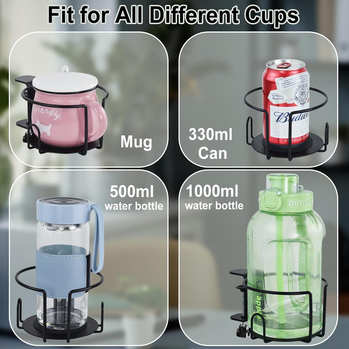 Upgraded Cup Holder, Gaming Desk Accessories Anti-Spill Drink Cup Holder for Table Edge or Chair Armrests, Clip on Desk Side Cups Holders for Home or Outdoor Camping -Black