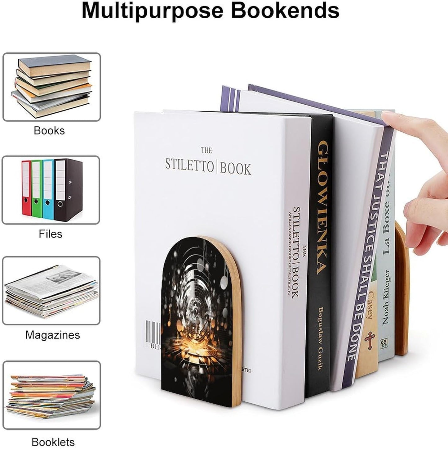 Musical Theme Music Clefs Bookends 1 Pair Heavy Duty Book Ends for Shelves Non-Skid Bookend Supports Wooden Book Holders with Metal Base Desk Organizers Books Storage to Hold Books