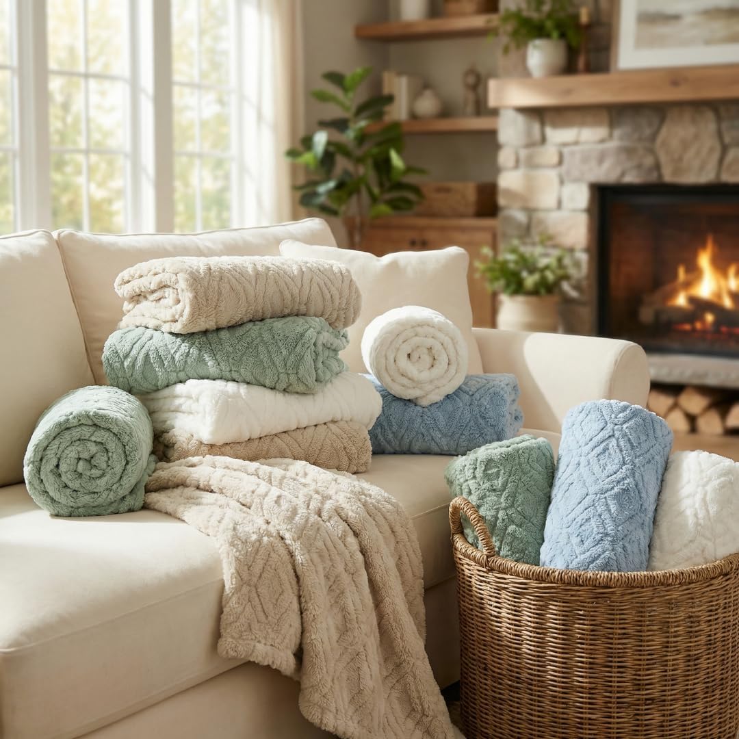 The Seacliff Blanket Twin Size 60x80, Palm Sage Green – Lightweight Soft Fleece Blanket for Couch or Bed, Breathable All Season, Coastal Wave Texture