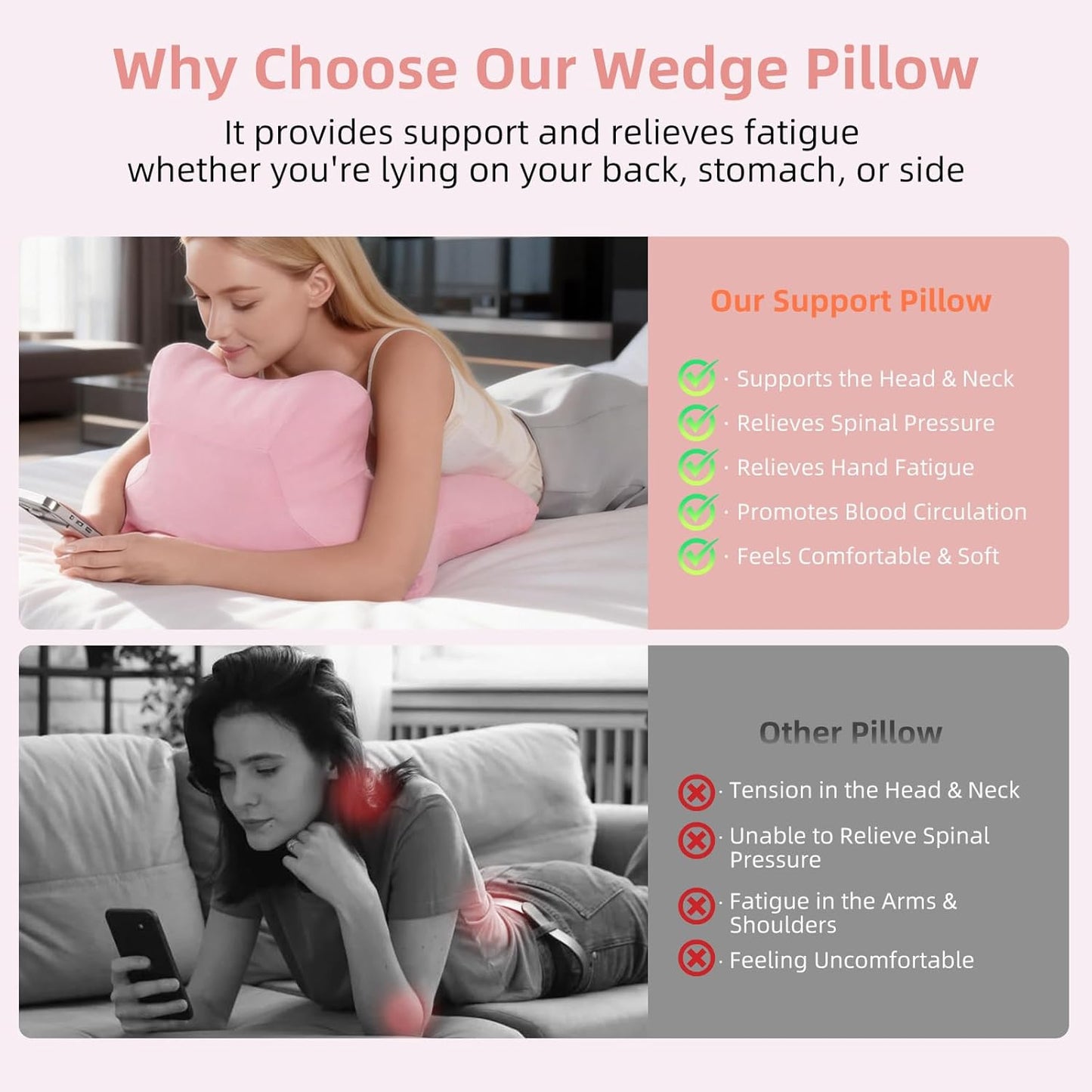 Reading Pillow for Bed, Ergonomic Memory Foam Bed Wedge Pillow for Lying, Headboard, Sleeping, Sitting and Prone, Chin & Back Support Multifunctional Pillows, Pink
