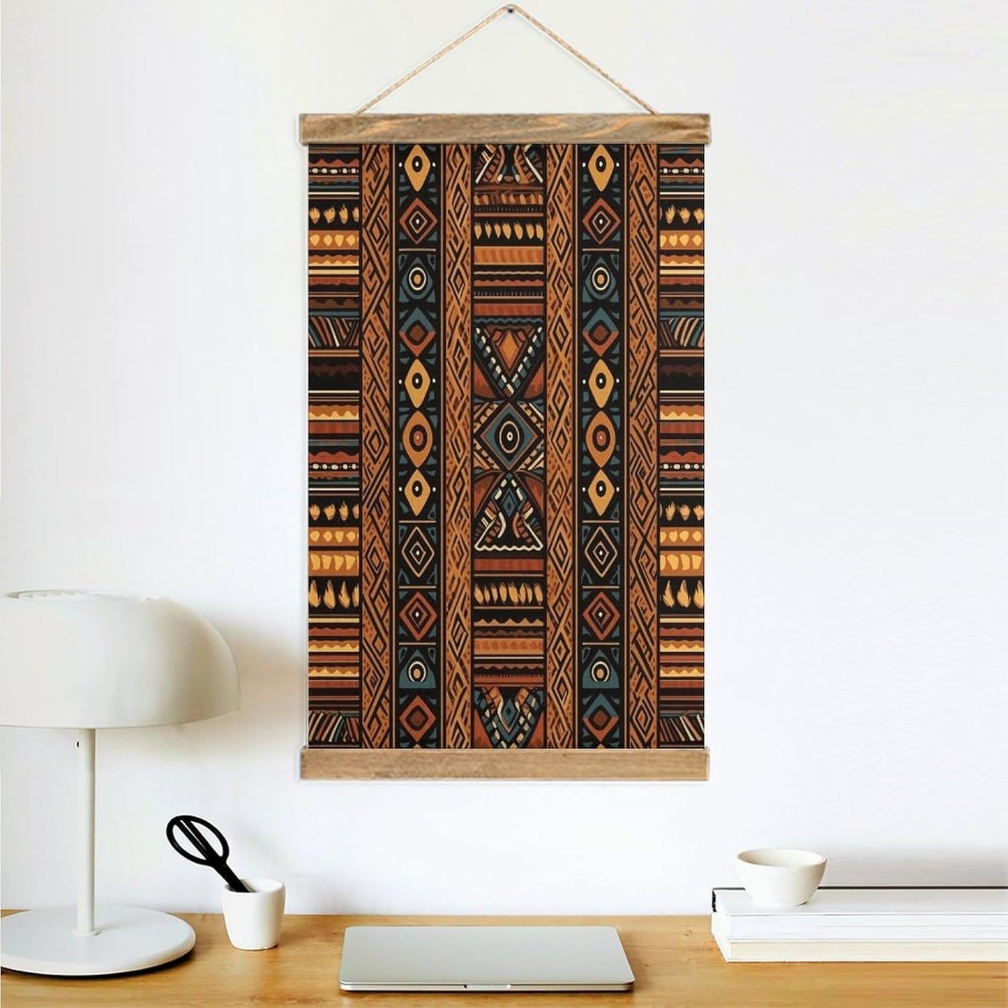 Vintage Traditional African Design Pattern Poster with Wooden Frame Personalized Linen Hanging Scroll Painting Rustic Wall Hanging Illustrative Modern Artwork Decor for Home Living Room Bedroom Office
