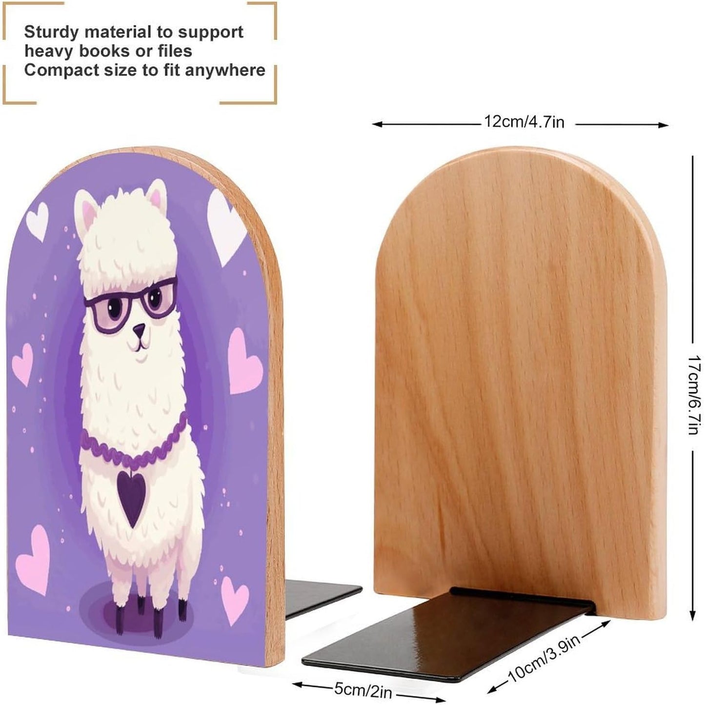 Non-Slip Bookend for Shelves Love Alpaca Purple Wooden Bookends with Metal Base Decorative Book Stopper for Home Heavy Duty Wood Book Storage for Books/CDs