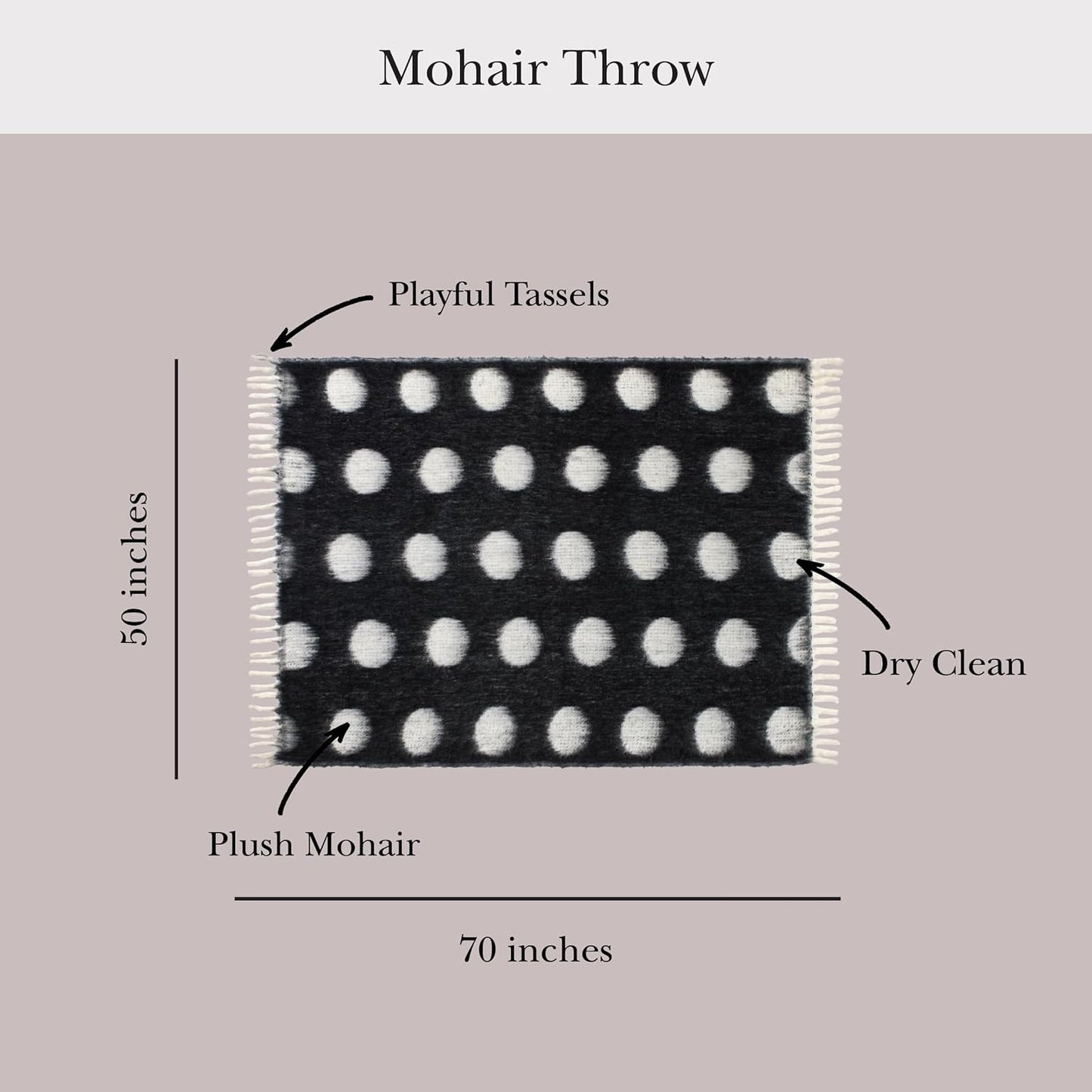 kate spade new york Dots Throw, 50" x 70", Mohair Blend Decorative Throw for Couch, Bed, Sofa, Brushed Dots Design with Fringe, Home Decor for Living Room, Bedroom, or Dorm, Black & White