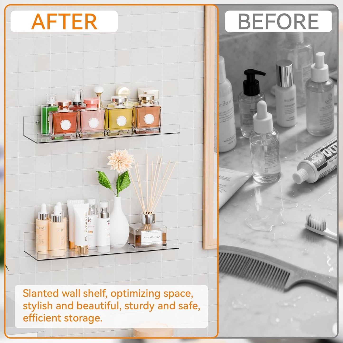 6 Pack Clear Acrylic Shelves for Wall with Adhesive,15 Inch No Drill Floating Shelves for Bathroom,Bedroom,Renter Friendly,Kids Room Bookshelf,Wall Display Shelf for Lego,Funko Pop,Figurine,Perfume