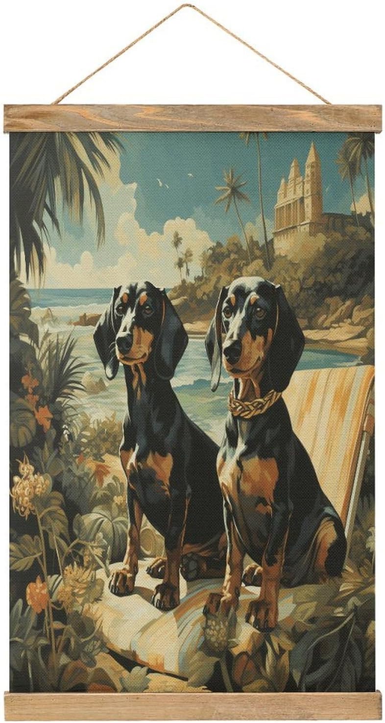 Vintage Dachshund Dog Bento Poster with Wooden Frame Personalized Linen Hanging Scroll Painting Rustic Wall Hanging Illustrative Modern Artwork Decor for Home Living Room Bedroom Office