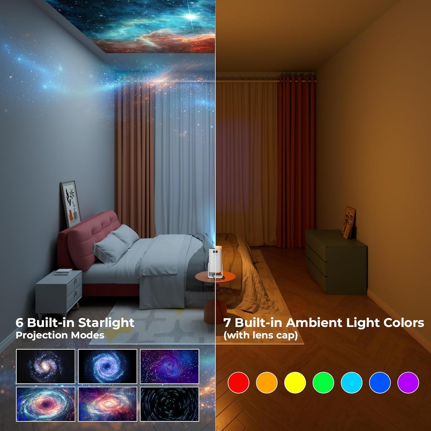 Portable WiFi and Bluetooth Projector - 4K 1080P Supported Mini Movie Projector, 270°Adjustable Stand Outdoor Home Theater Star Projector with Ambient Light for Phone TV Stick Laptop