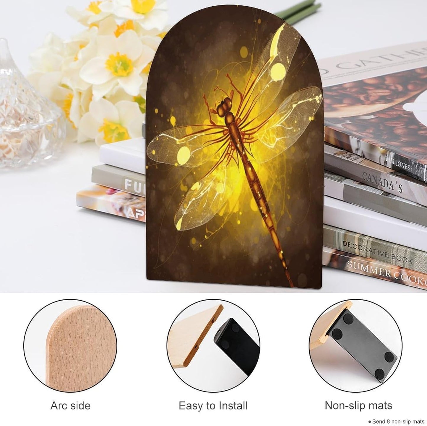 Abstract Yellow Dragonfly Bookend for Shelves Wooden Book End Large Size Sturdy Book Holders Stoppers with Metal Base for Bookshelves Slick Decorative Bookends Stands