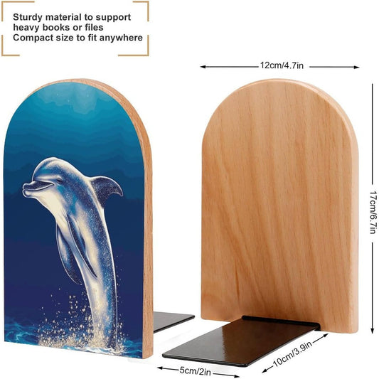 Non-Slip Bookend for Shelves Glitter Dolphin Wooden Bookends with Metal Base Decorative Book Stopper for Home Heavy Duty Wood Book Storage for Books/CDs