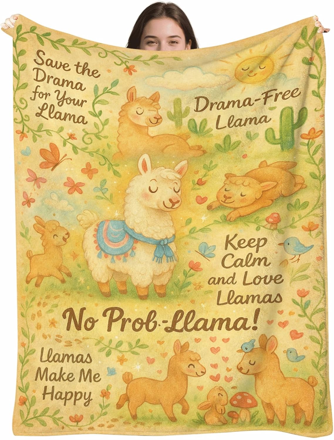 Cartoon Llama Throw Blanket 50x60 – Cozy Flannel Fleece Microfiber, Cactus Print Sofa Bed Throw, Lightweight All-Season Couch Decor, Gift for Llama Lovers, Kids Room Nursery