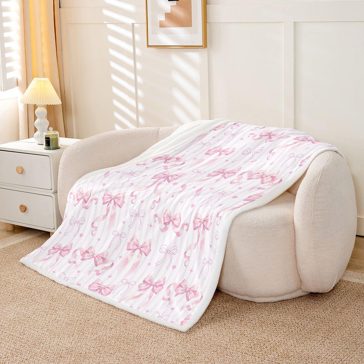 Feelyou Pink Bow Sherpa Throw Blanket for Couch Cute Ribbon Bowknot Super Soft Cozy Fleece Coquette Blanket for Winter, Plush Throw Aesthetic Baby 30"x40" Stripe Heart Pattern All Season
