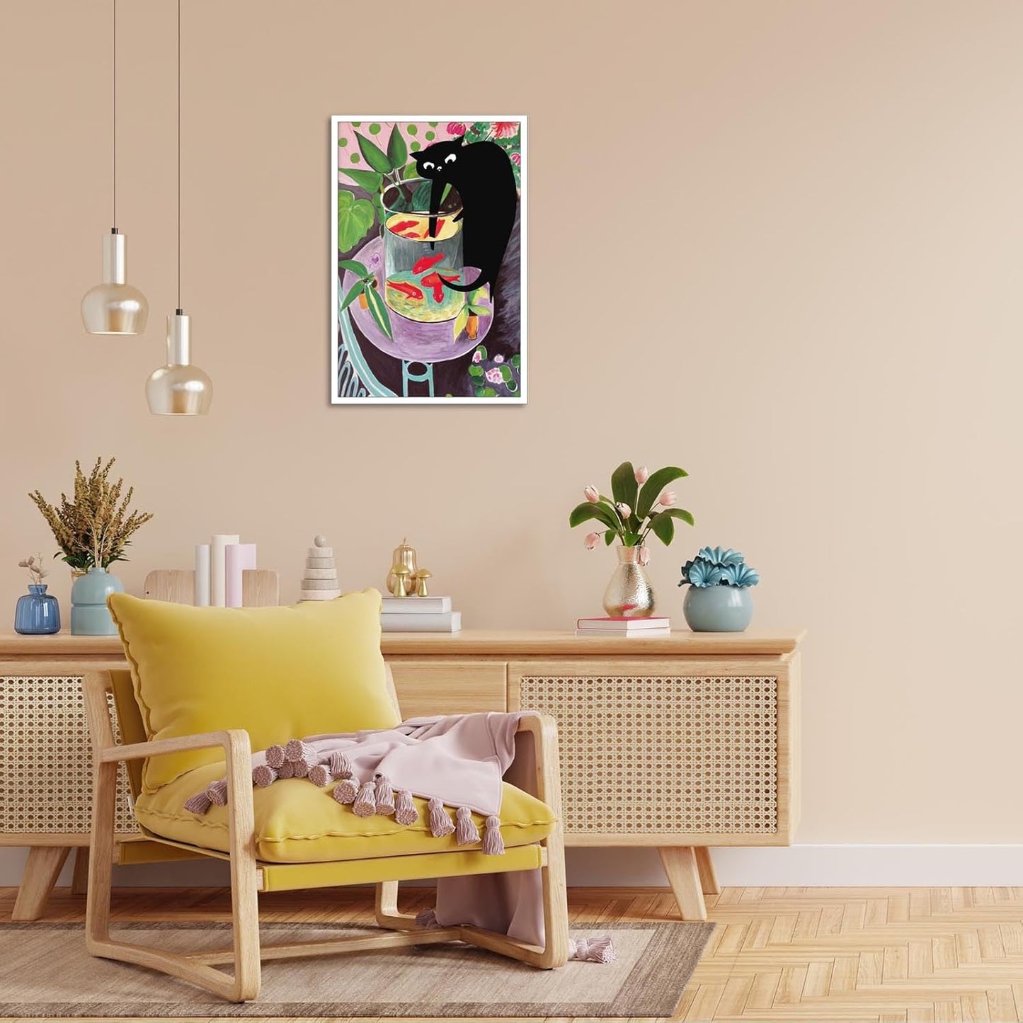 TYOHU Retro Matisse Goldfish And Cat Posters Trendy Funny Black Cat Wall Art Prints Cute Colorful Table Goldfish Prints Painting For Home Bedroom Dorm Wall Decor 12x16in Unframed