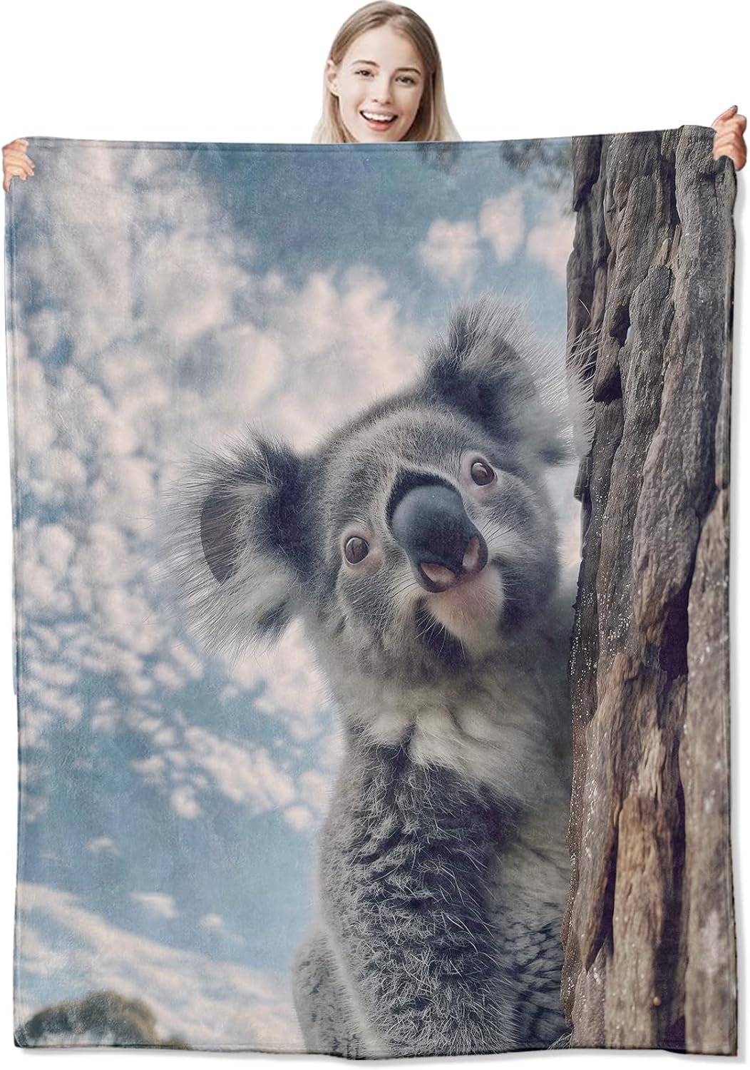 Cute Koala Flannel Throw Blanket 50x60 Inch, Curious Animal on Tree with Blue Sky Blankets Soft Cozy Fleece Throws for Wildlife Lover Bed Sofa Dorm Living Room Home Decor Gifts