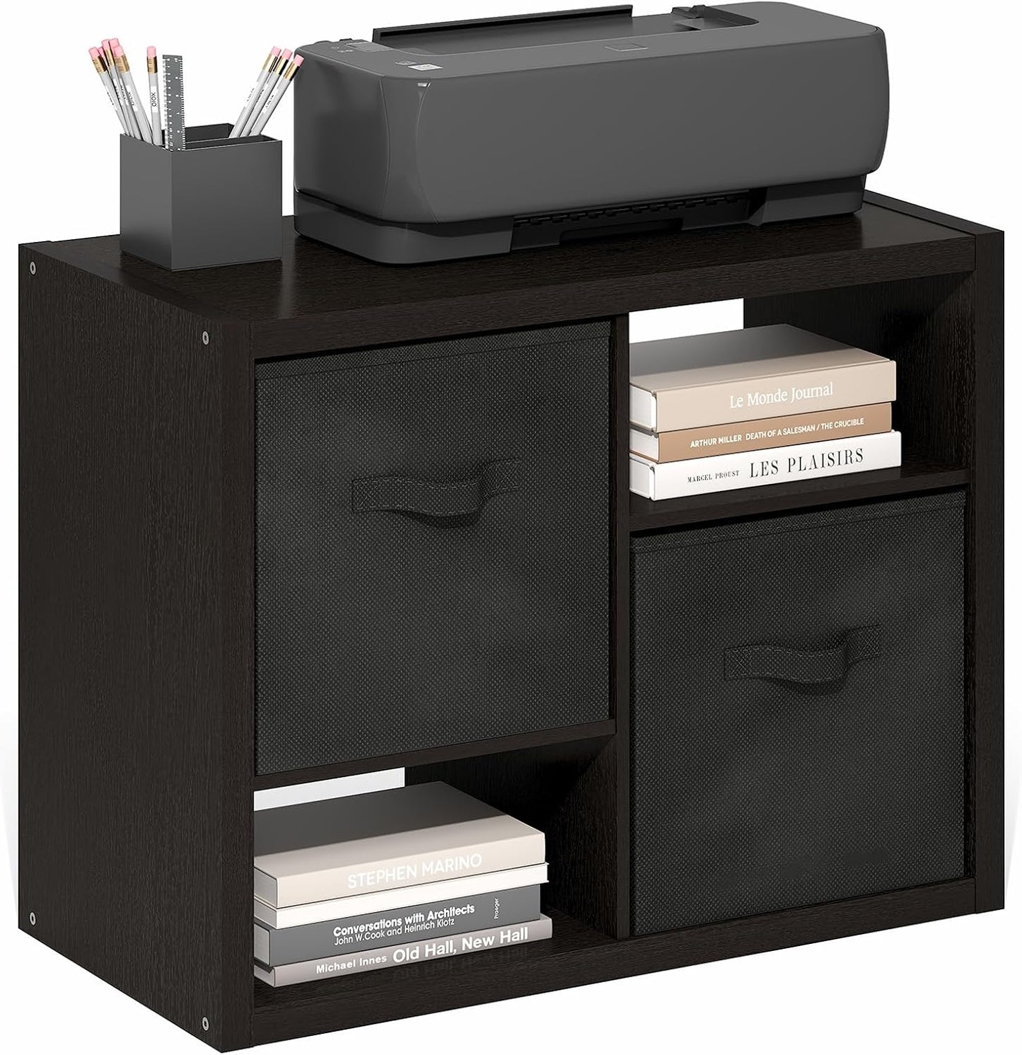 Furinno Viola Storage Shelf, 4-Tier Storage Rack with Bins, Book Shelf, Bookshelf, Display Rack with Drawer Bins, Extra Thick Frame, for Organization, Living Room, Home Office, Black Dark Oak