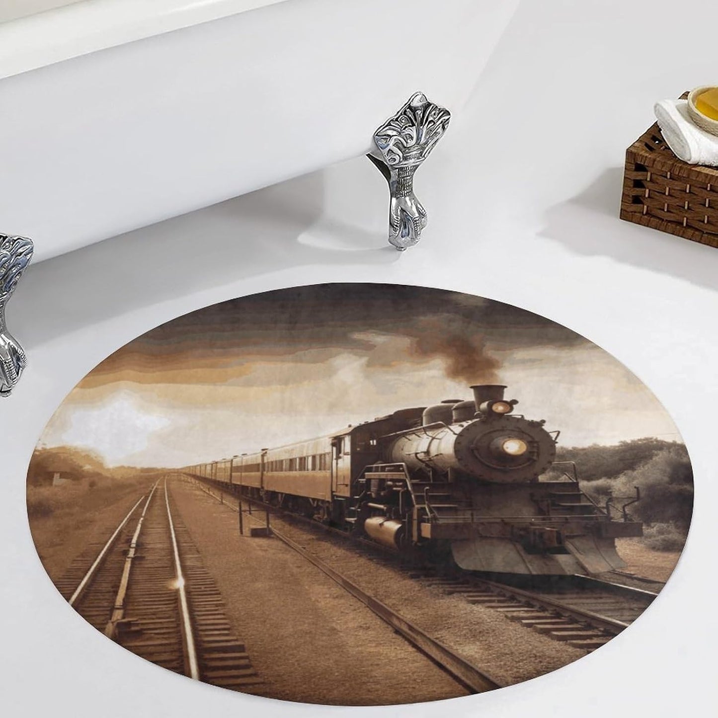 Train and Railway Circle Rug Retro Luxury Coral Velvet Floor Mat Non Slip Soft Indoor Floor Carpet Comfy Thickened Area Rugs Modern Aesthetic Minimalist Carpets for Home Decor