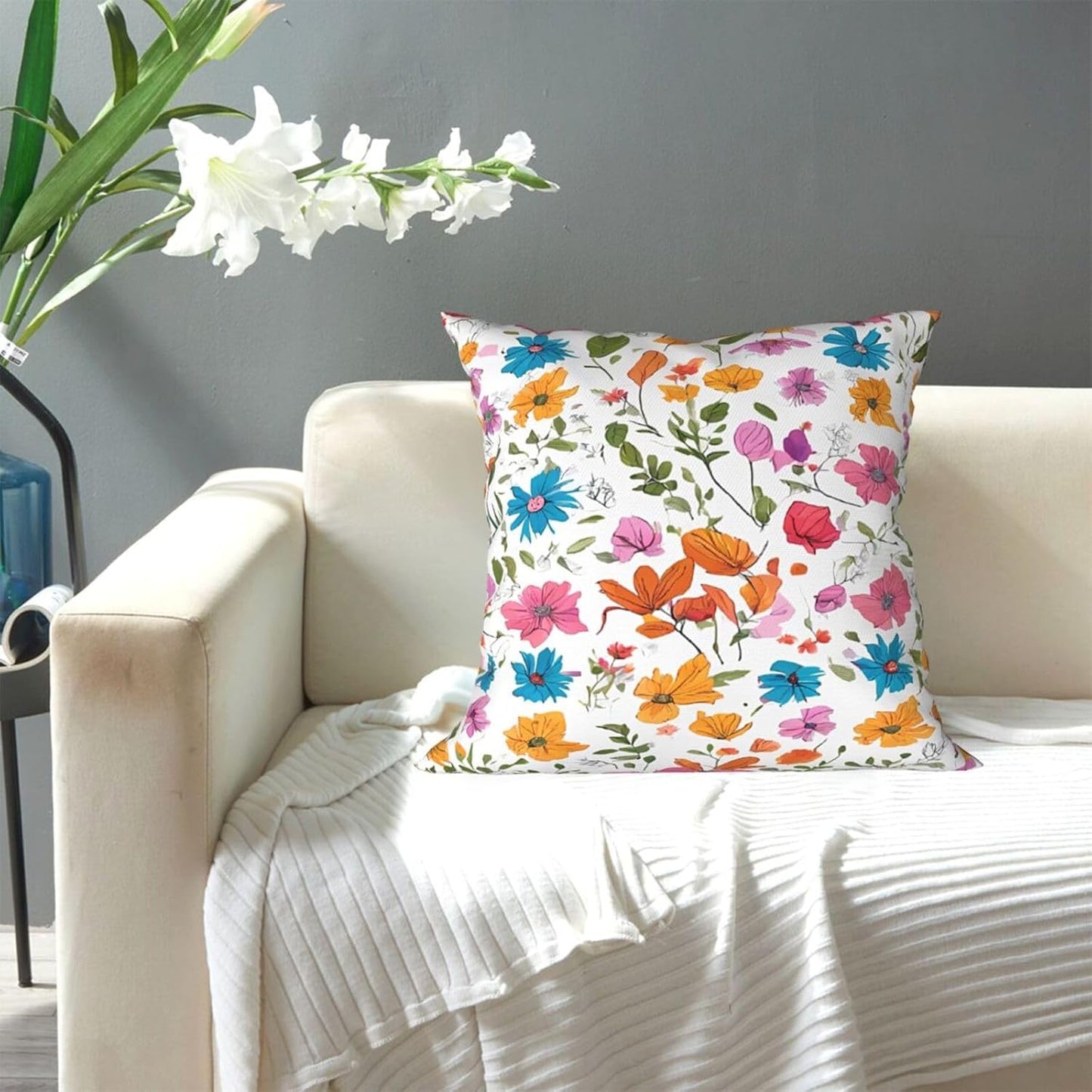All-Season Square Pillow Covers 18"X18", Flowers, Decorative Throw Pillow Covers for Sofa Bed Couch, Hidden Zipper Cushion Cover, Square Lumbar & Accent Pillowcases for Home Decor