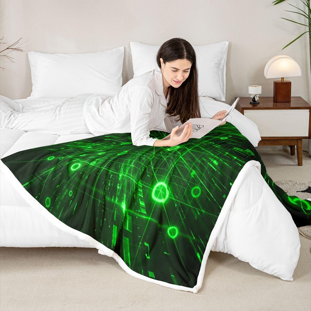 Feelyou Green Black Sherpa Throw Blanket for Couch Geometric Super Soft Cozy Fleece Abstract Blanket for Winter, Plush Throw Baby 30"x40" All Season