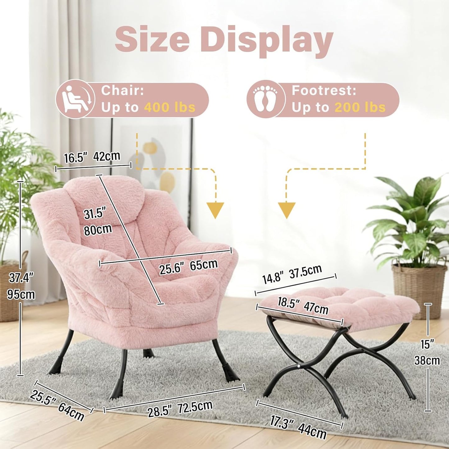 Lazy Chair and Ottoman, Large Contemporary Plush Pink Accent Chair with Side Pocket, Modern Leisure Upholstered Reading Armchair with Footrest for Office, Bedroom, Living Room, Dorm, Balcony