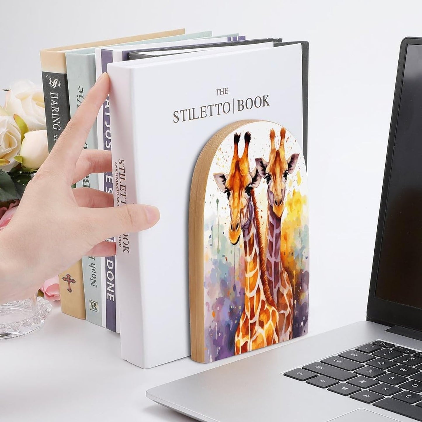Watercolor Giraffes Bookend for Shelves Wooden Book End Large Size Sturdy Book Holders Stoppers with Metal Base for Bookshelves Slick Decorative Bookends Stands