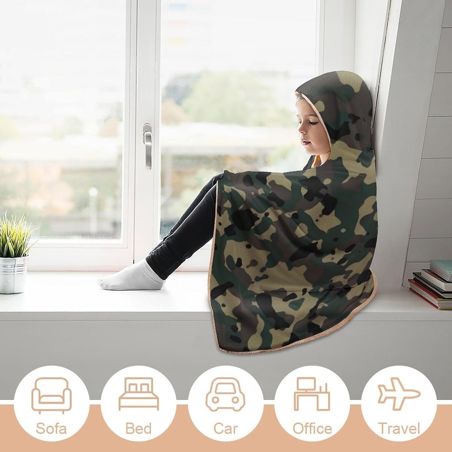 Camo Hooded Blanket, Camouflage Wearable Blanket for Camping Traveling Couch Bed, Forest Hunting Camo Throw Blanket
