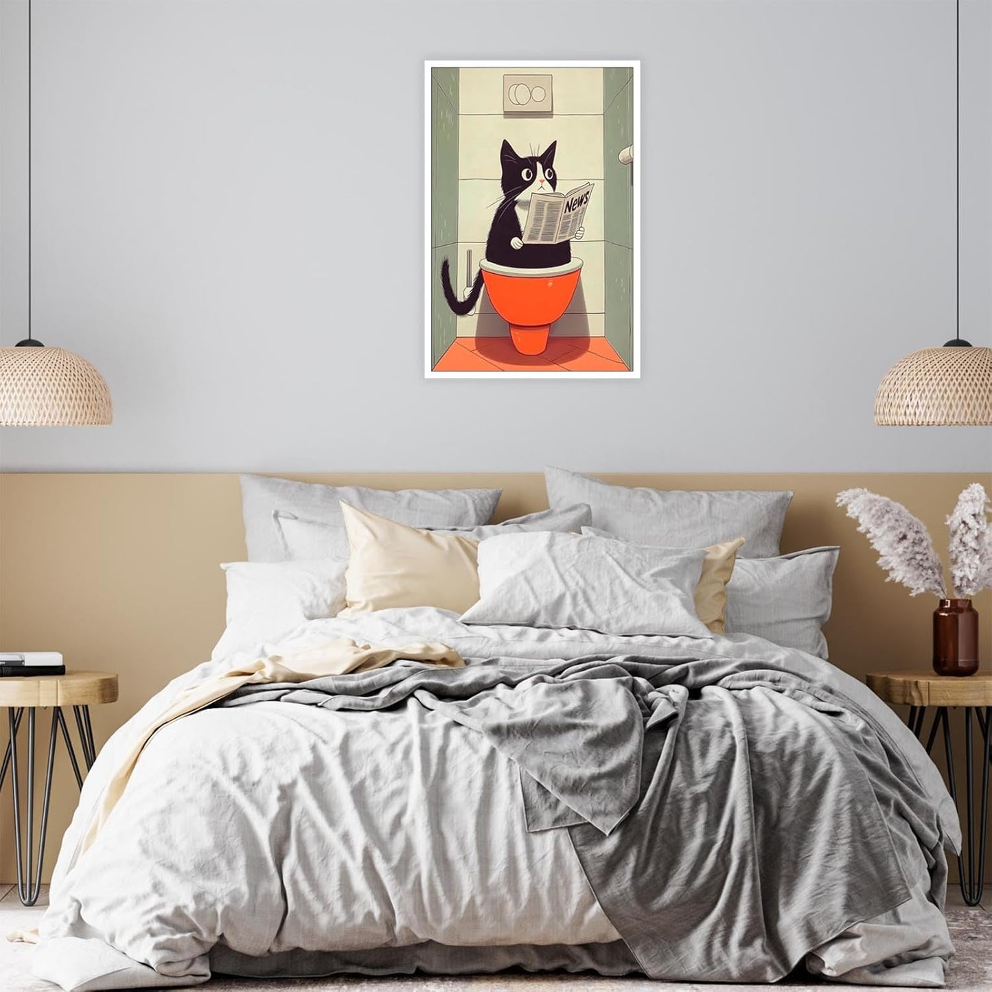 Generic Funny Black Cat Wall Art Poster - Cat Reading Newspaper On Toilet - 12x16in Unframed - Bathroom, Bedroom, Living Room, Office, Kitchen