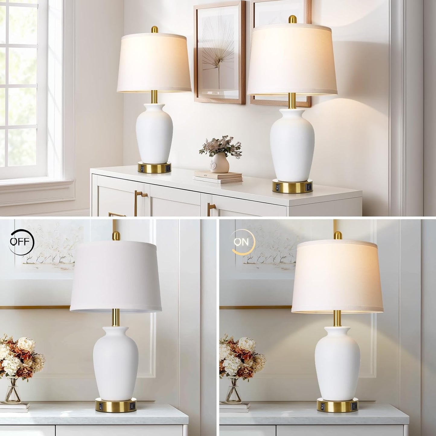 Set of 2 White Ceramic Modern Table Lamps with Ginger Jar Design - for Living Room,Dining Room,Bedroom,Office,Nightstand,End Table