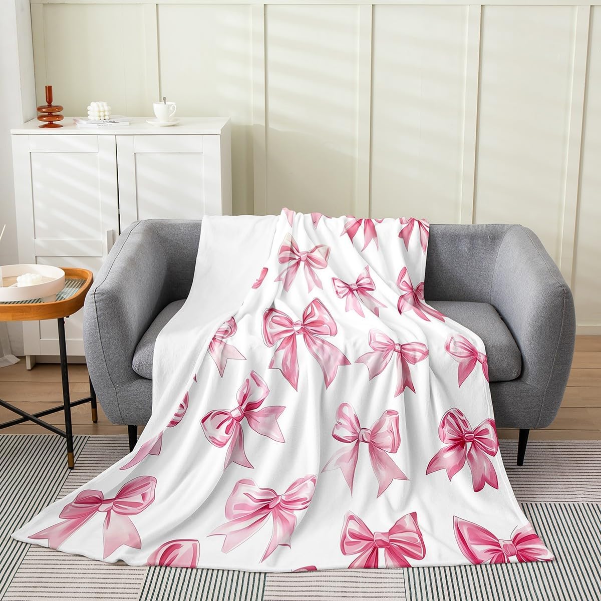 Erosebridal Kawaii Bowknot Fleece Blanket,Kids Cute Bow Throw Blanket Twin 60x80 Inch for Bedroom,Dreamy Princess Style Bed Blanket,Pink Bow Tie Flannel Blanket Luxury Soft