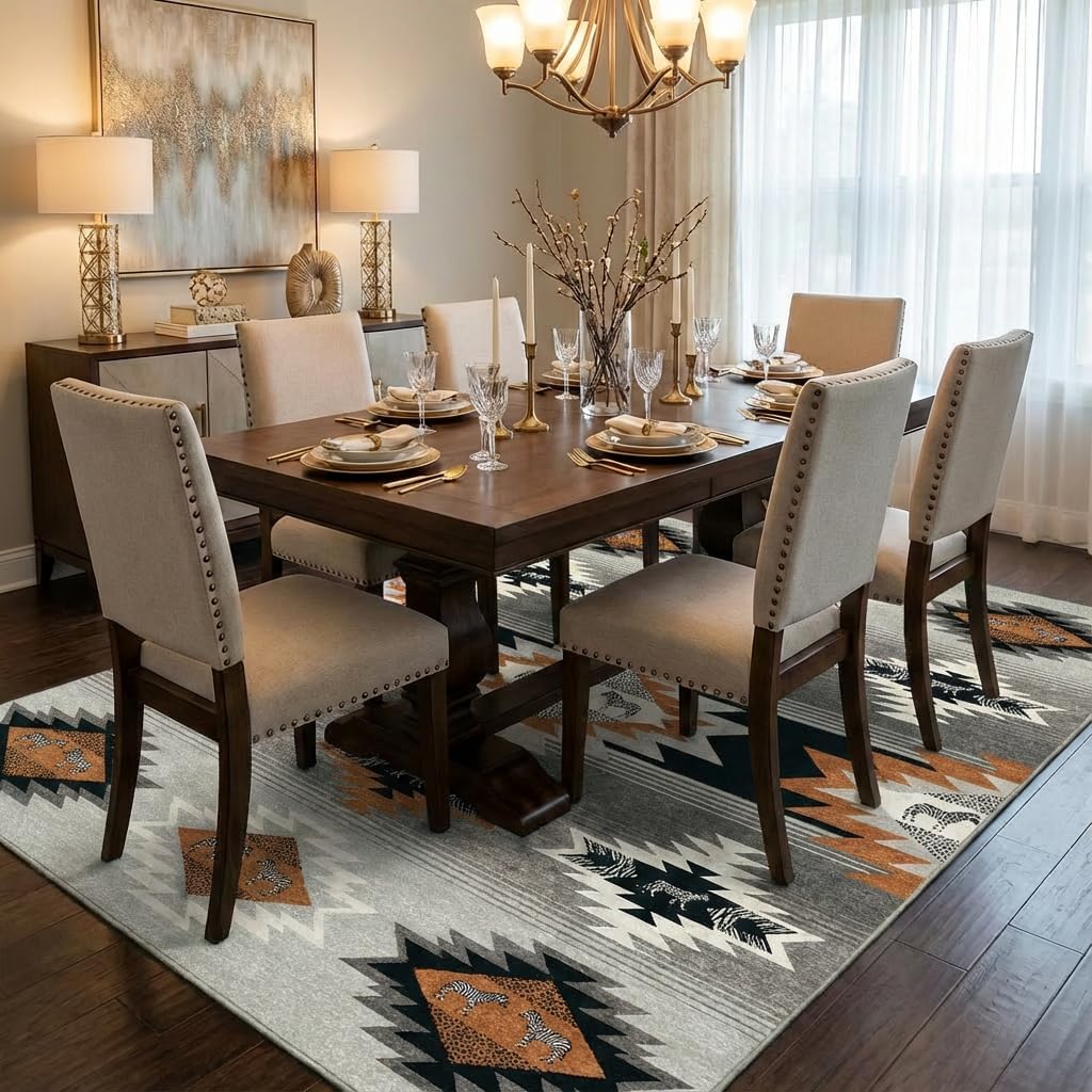 5x7 Area Rugs for Living Room: Gradient Gray & Terracotta Tribal Southwestern Zebra Geometric Area Rug Washable Non-Slip Backing for Living Room Bedroom Leisure Area Decor