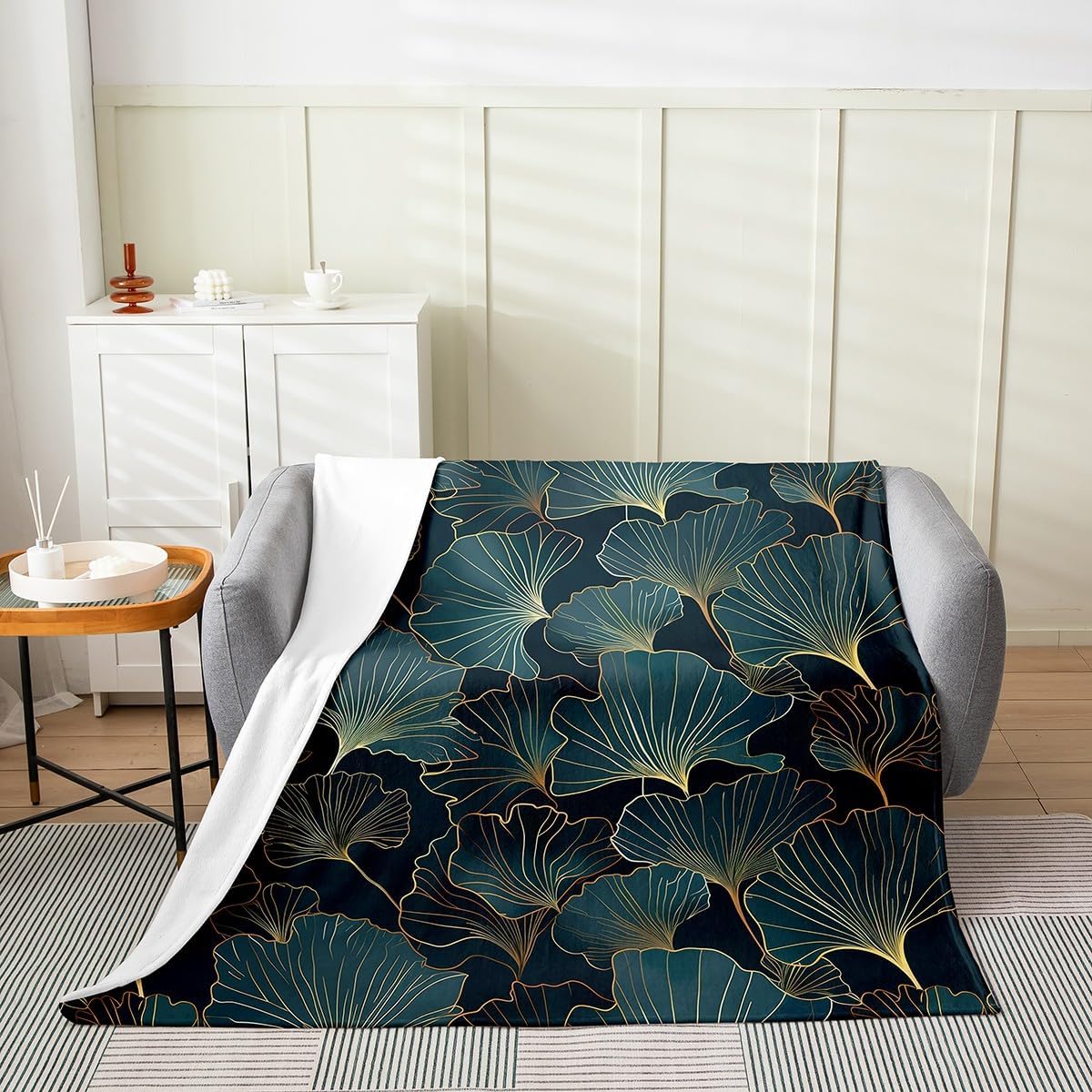 Ginkgo Leaves Flannel Blanket for Kids Adults,Luxury Golden Leaves Flannel Fleece Blanket Throw 50"x60",Natural Botanical Lightweight Bed Blankets All Season Use