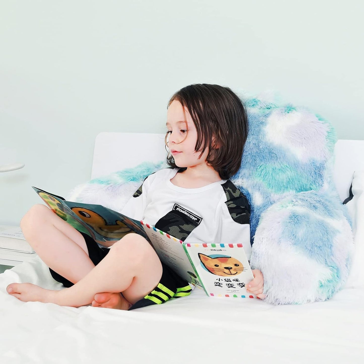 Stylish Ross Fur Adults & Kids Reading Pillow, Cozy Soft Bed Wedge Pillow with Premium Stuffing, Pastel Back Support Pillow Gift, Sit up Bolster Pillow with Arms, Bed Chair Back Cushion