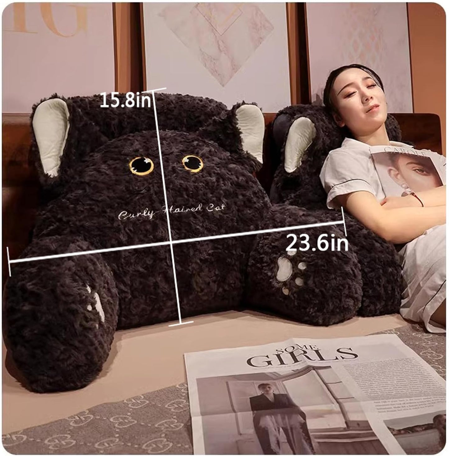 Reading Pillow for Sitting in Bed Adult,Cute Cat Pillow Back Pillows,Sit Up Pillow Backrest Pillow with Arms, Back Support Pillow for Sitting Up in Bed,Chair Back Cushion (Black)