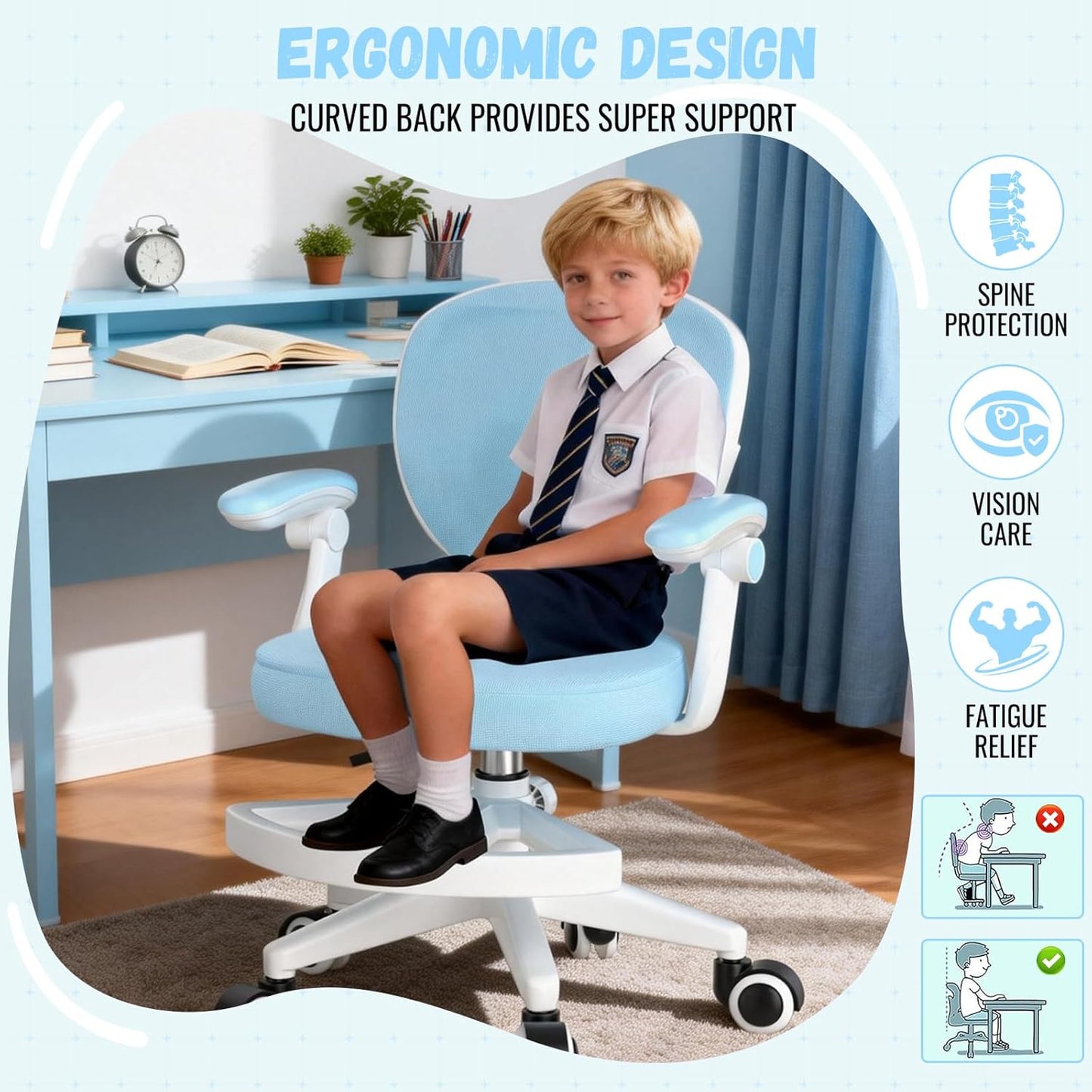 Adjustable Kids Desk Chair, Ergonomic Children Study Computer Chair with Footrest & Flip-up Armrest, Mesh Student Teen Task Chair with Wheels, Kids Office Chair for Boys Girls Age 4-12 Home (Blue)