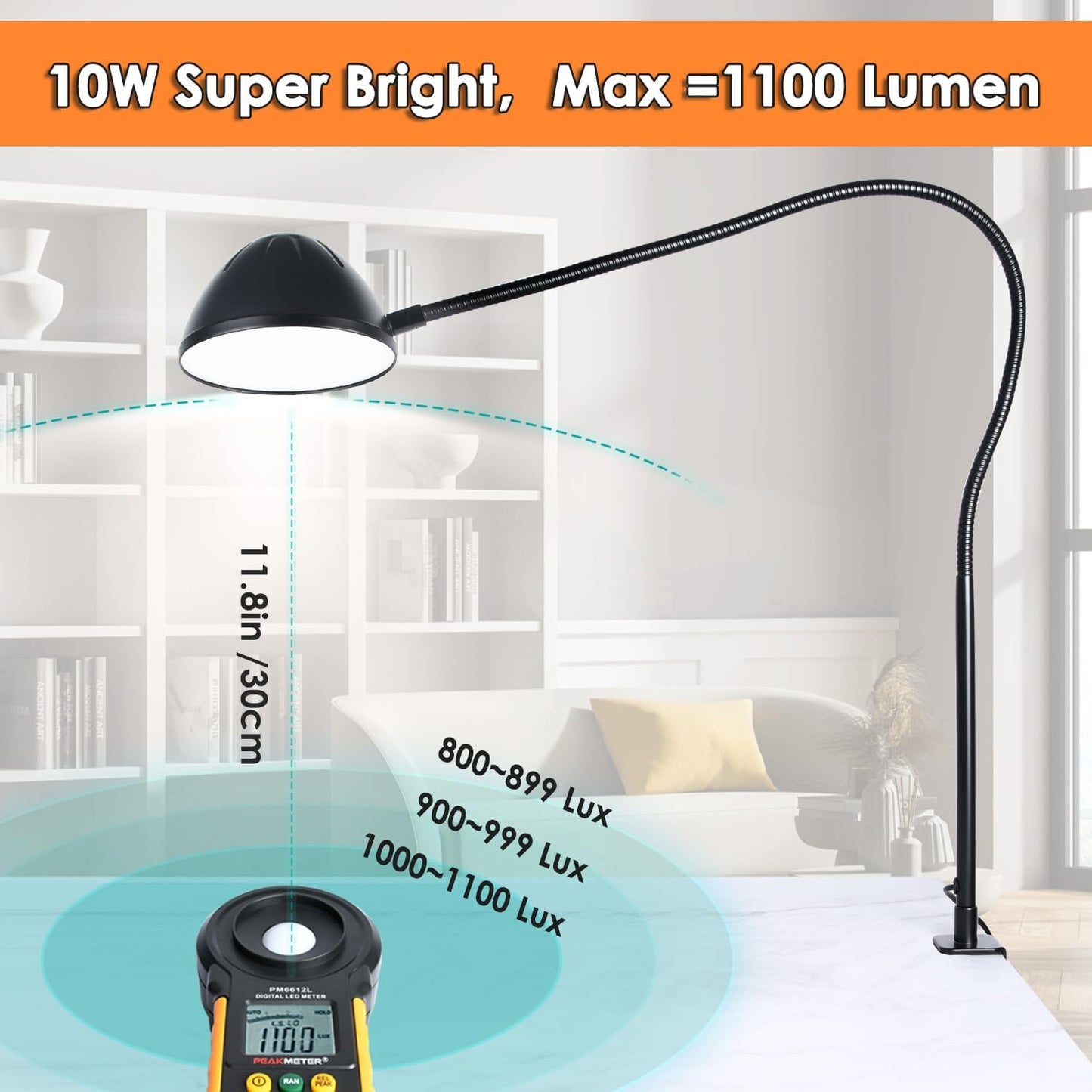 Long Gooseneck Clamp Lamp, Clip Desk Lamp with Clamp, 10W, 1100 LMS, 3 Color Modes, 10 Brightness Levels, 31 Inches Long Flaxible Gooseneck, Perfect for Craft, Reading, Home, Office
