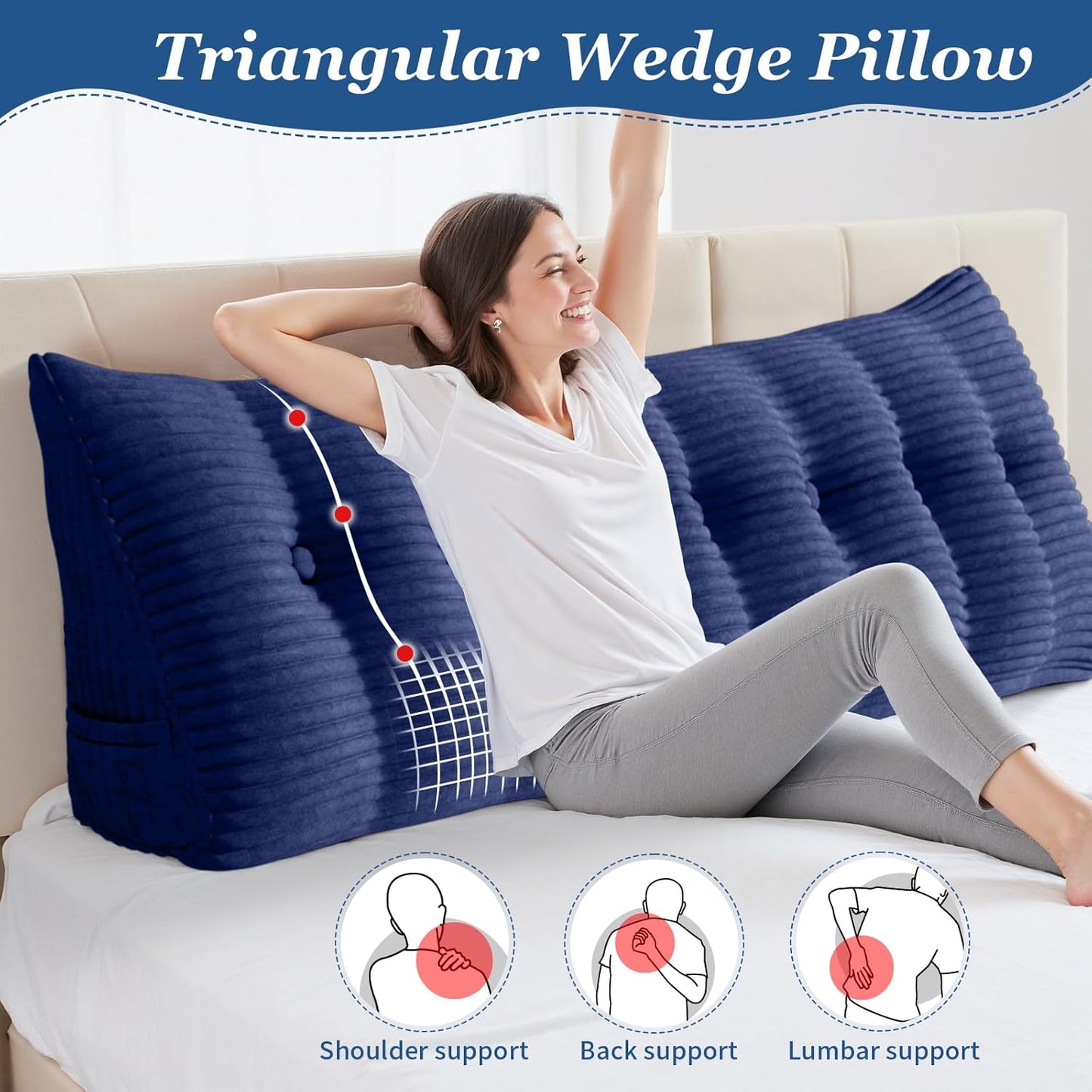 Headboard Pillow Twin Triangular Wedge Pillow for Headboard Bolster Pillow for Bed Sofa Daybed Pillow for Sitting Up Reading or Working with Removable Cover, Blue