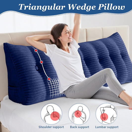 Headboard Pillow Twin Triangular Wedge Pillow for Headboard Bolster Pillow for Bed Sofa Daybed Pillow for Sitting Up Reading or Working with Removable Cover, Blue