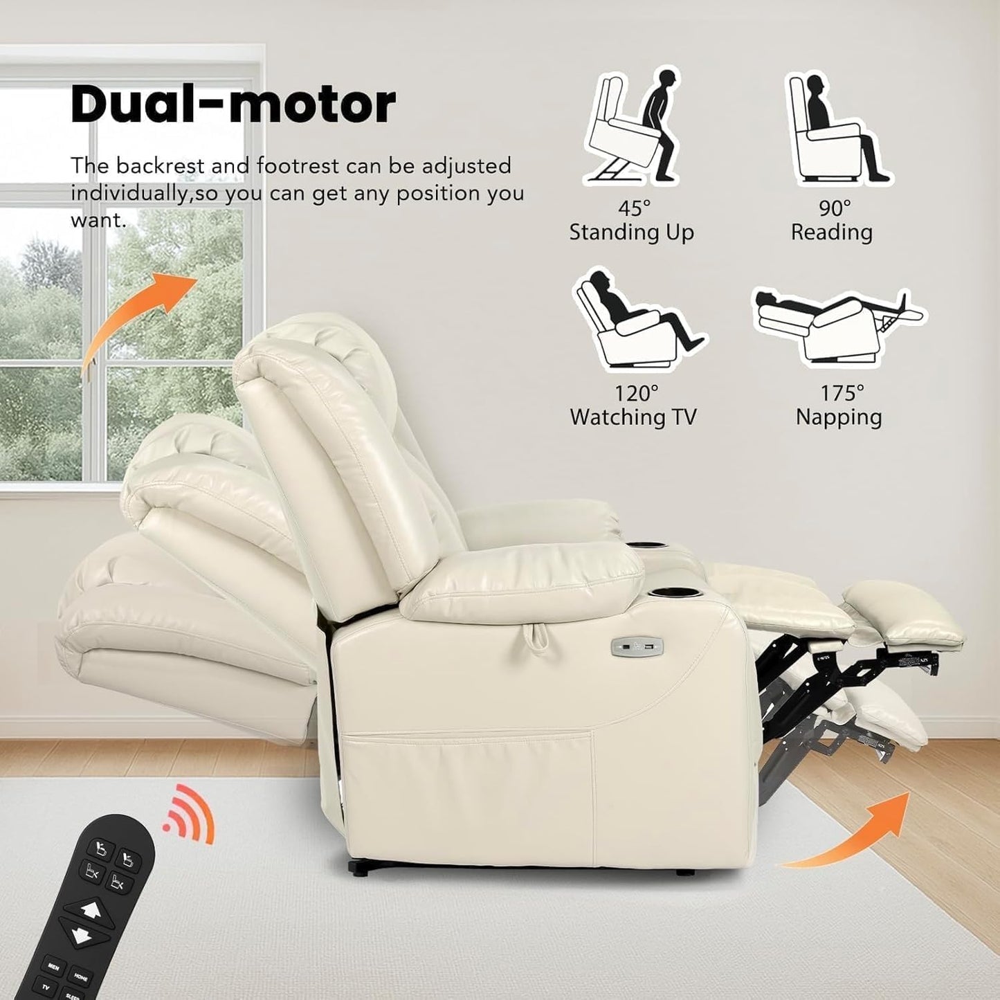 Large Breathable Leather Electric Power Lift Recliner Chair for Seniors Ergonomic Massage Recliner with Heat USB Port Cup Holders Side Pockets Single Sofa