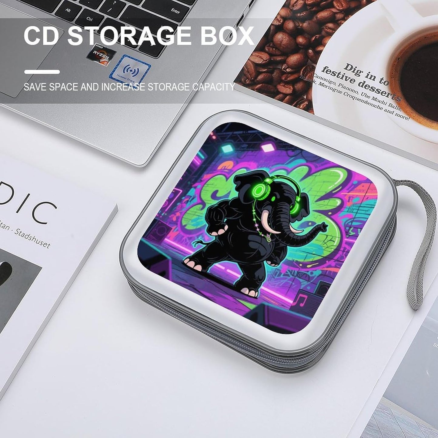 Elephant with Headphones CD Case Portable Zipper CD Case 40 Capacity Hard Plastic DVD Cases Holder Large Storage Disc Wallet Bag for Car Home Travel DVD Collection Bag