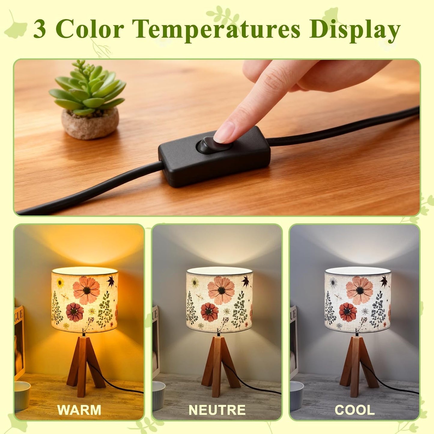 Dried Flowers Tripod Table Lamp 14.56in, 9W LED 3-Color Cute Bedside Lamp with Flowers Linen Lampshade for Nursery, Bedroom, Kid Room, Living Room, Light Brown Wooden Base