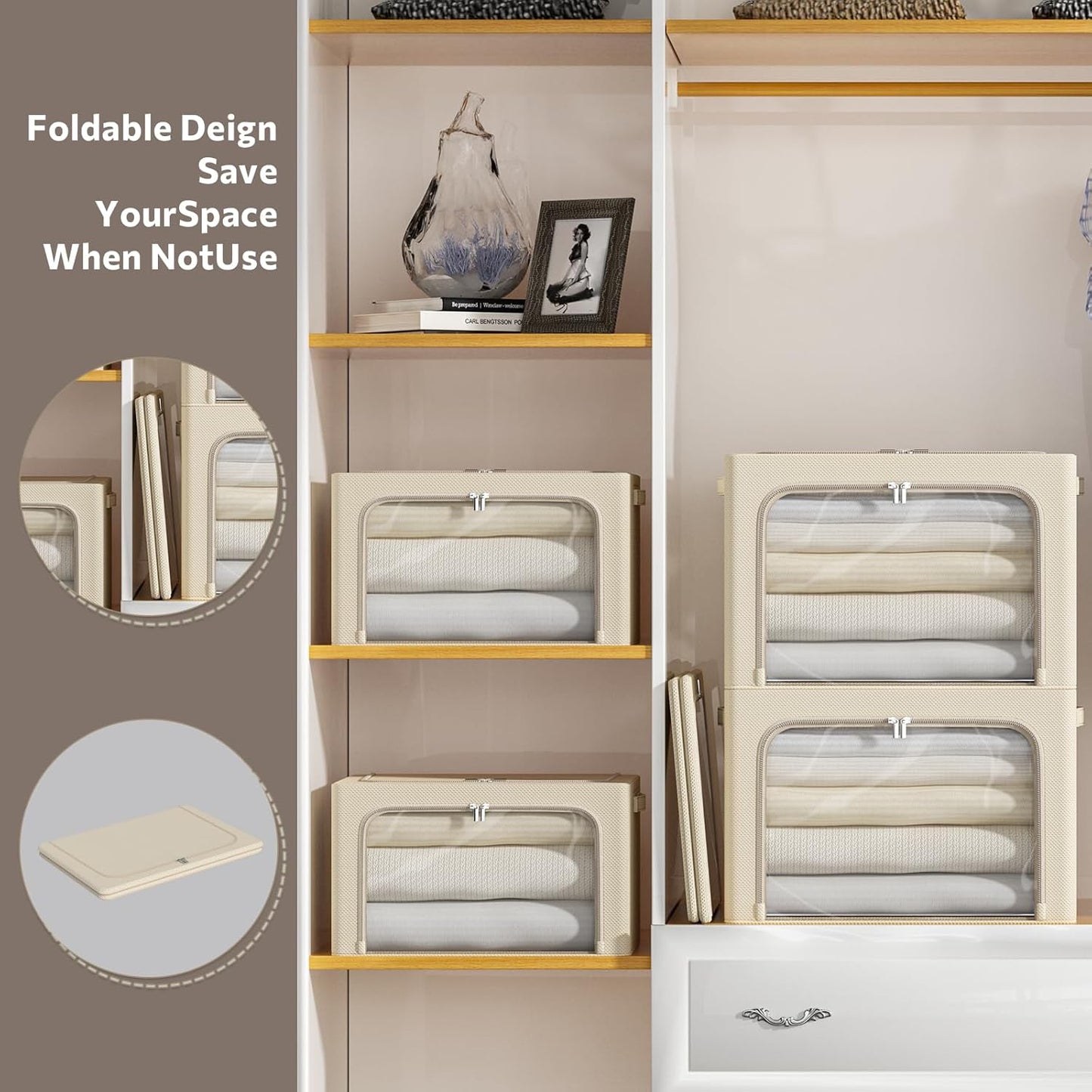 CYhom 4 Pack Clothes Storage Bins - Oxford Fabric Metal Frame Storage Box - Foldable Stackable Container Organizer Set with Clear Window & Carry Handles & Zippers (Beige, 23.6"x19.7"x15.7")